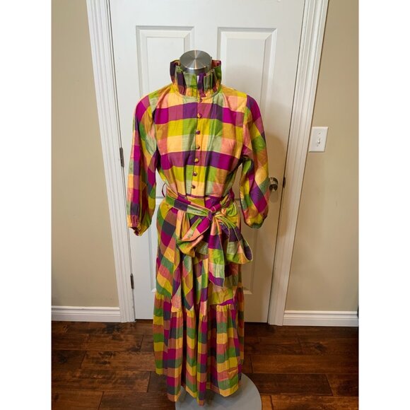 Sue Sartor Multicolor Plaid Belted Midi Dress Ruffle Collar, Size Medium